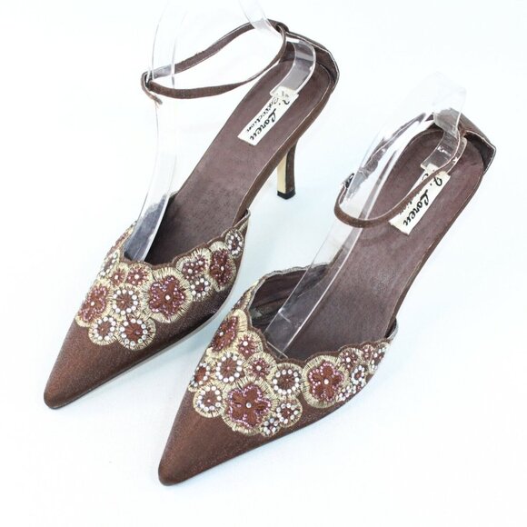 J Loren Collection 9.5M Brown Bronze Beaded Embellishment Pointed Toe Heels - Picture 4 of 10